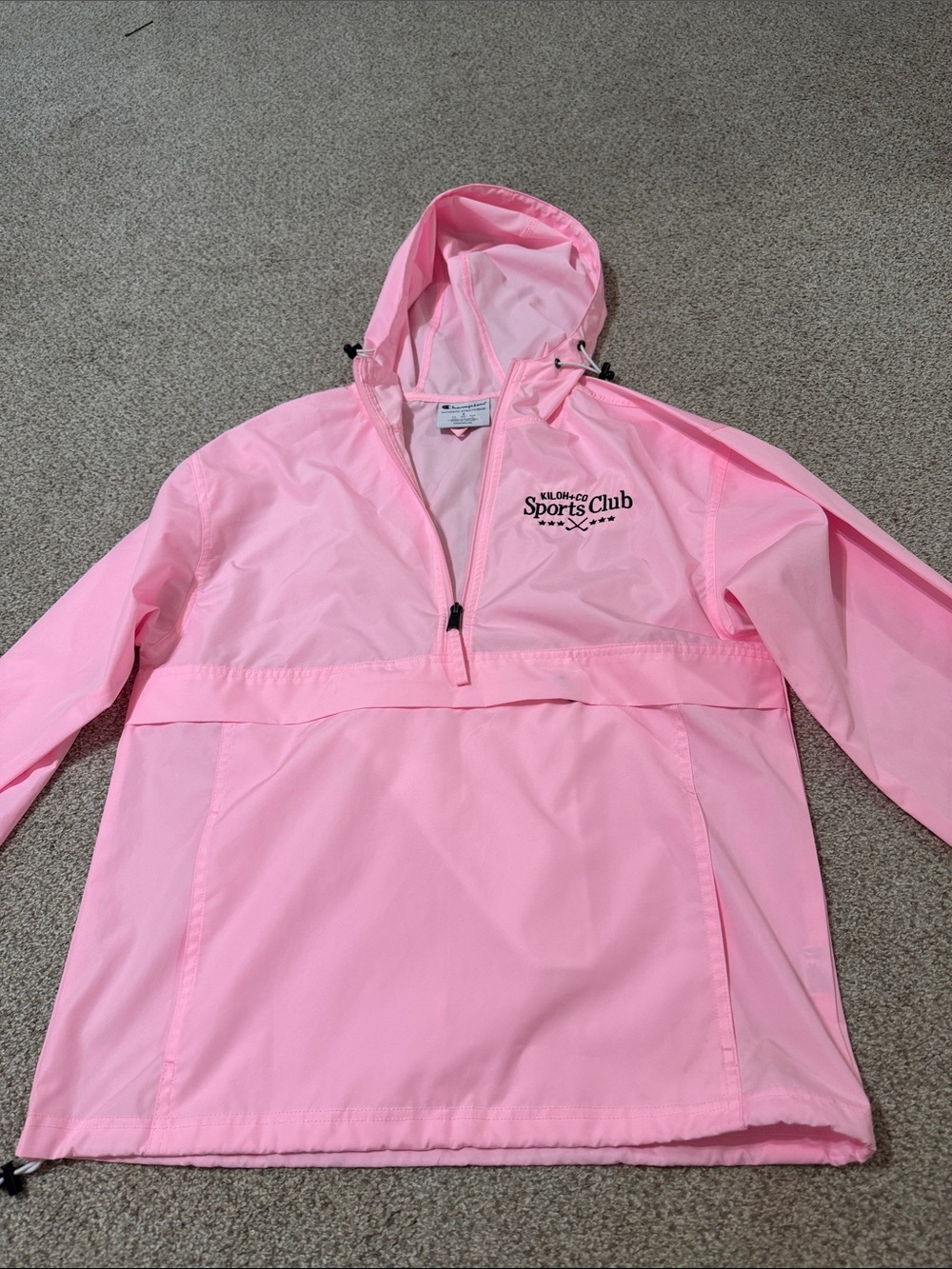 Champion brand pink windbreaker in collaboration with kiloh and co.